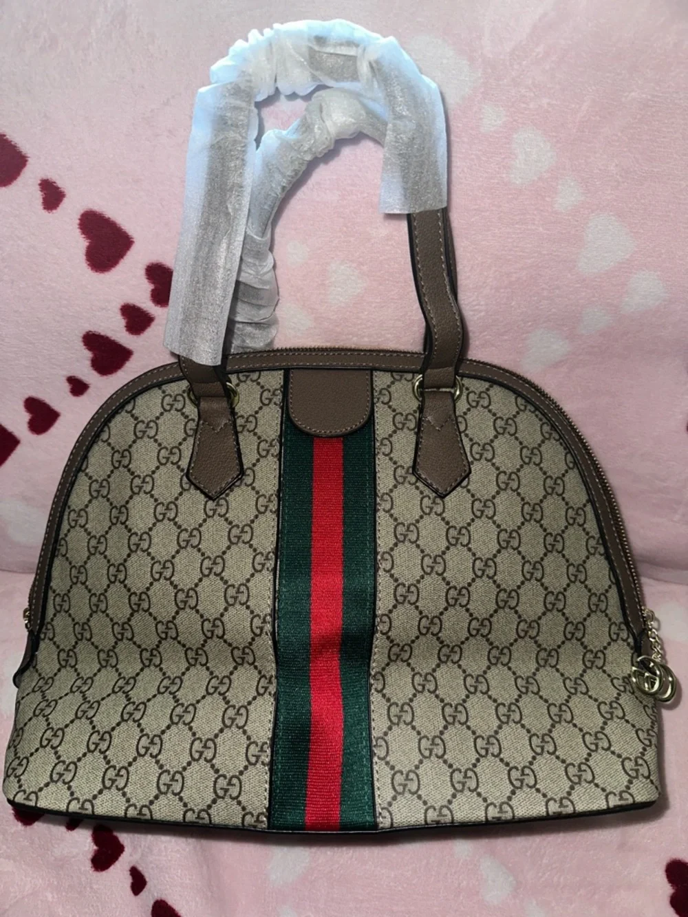 Beige GG Supreme Dome Satchel with Green-Red Web Stripe - Picture 3 of 11